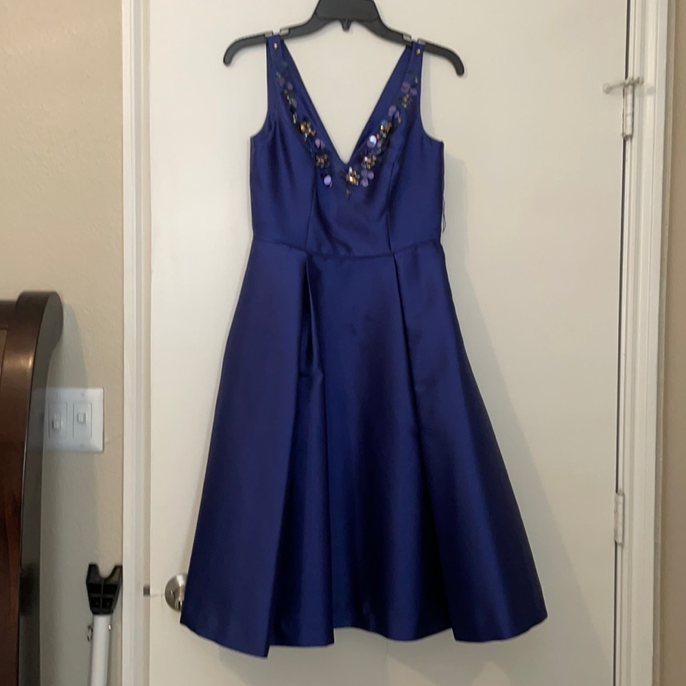 Adrianna Papell Royal Blue V-Neck A-Line Prom Dress with Embellished Shoulders